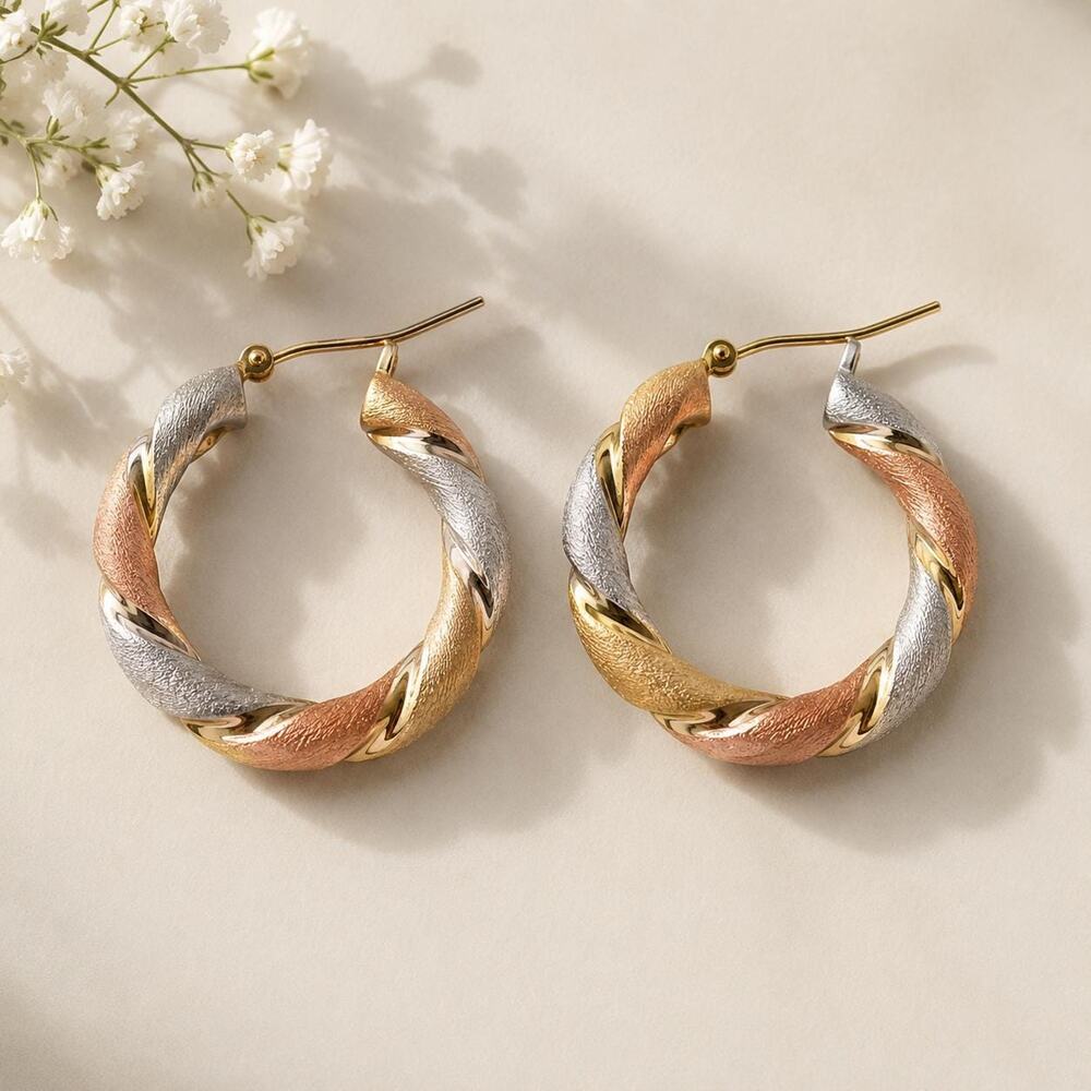 Italian Tri-Color Twisted Hoop Earrings Sterling Silver, Rose Gold 
Gold Vermeil